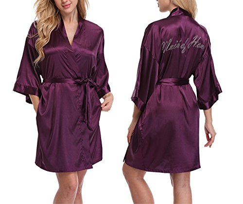 FADSHOW Women's Satin Robes Bridal Dressing Gown Wedding Bride Bridesmaids Kimono Sleepwear,Dark Purple