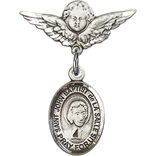 Sterling Silver Baby Badge with St. John Baptist de la Salle Charm and Angel w/Wings Badge Pin 7/8 X 3/4 inches
