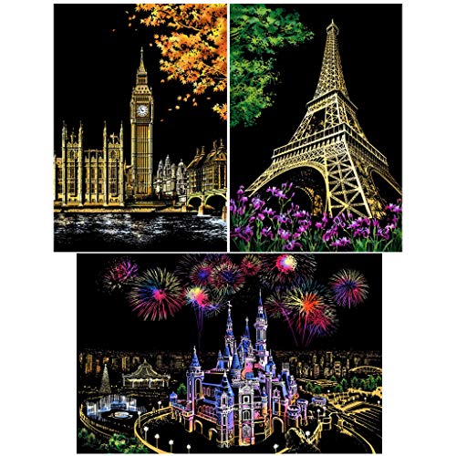 Eraimp Scratch Art Paper, Rainbow Painting Sketch Pad, Night View Scratchboard for Adult and Kids, with Wooden Stylus, Exquisite Packaging (3 Pack)