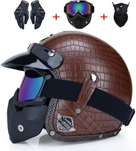 DUBAOBAO Motorcycle electric helmet, retro Harley four seasons half helmet, removable and washable earmuffs, electric sun protection helmet, helmet goggles gloves mask set of 4