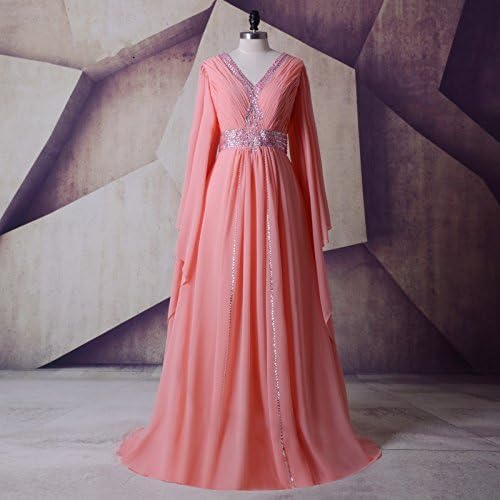 Arabic V Neck Chiffon Pageant Evening Banquet Dresses with Long Sleeves