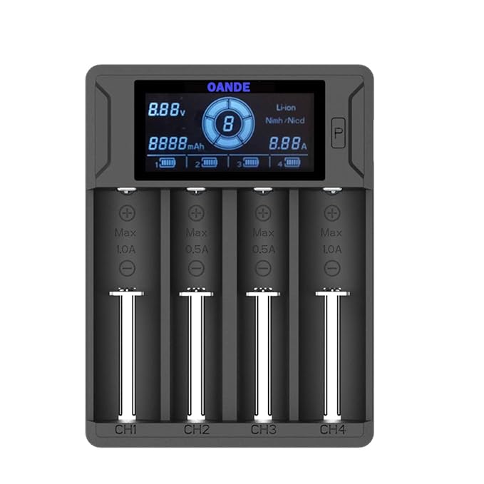 AAA Battery Charger AA 18650 Nimh Nicd Battery Charger LCD Display Universal 4 Slots Rechargeable Charger Compatible li ion Ni-CD Ni-MH Lithium ion Batteries, OANDE Intelligent Speedy Charger