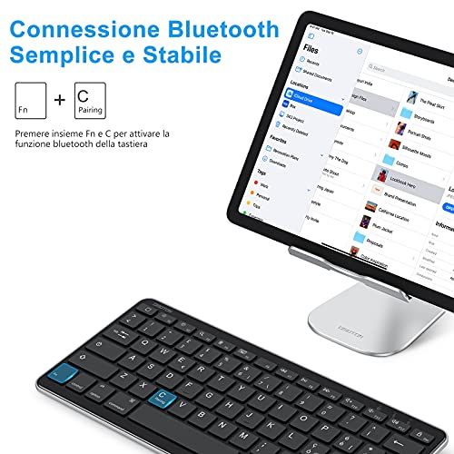 OMOTON Tastiera Bluetooth Compatibile con iPad ed iPhone, Tastiera Mini Portatile con Retroilluminazione, Ricaricabile e Retroilluminata, Luce Regolabile, Nera