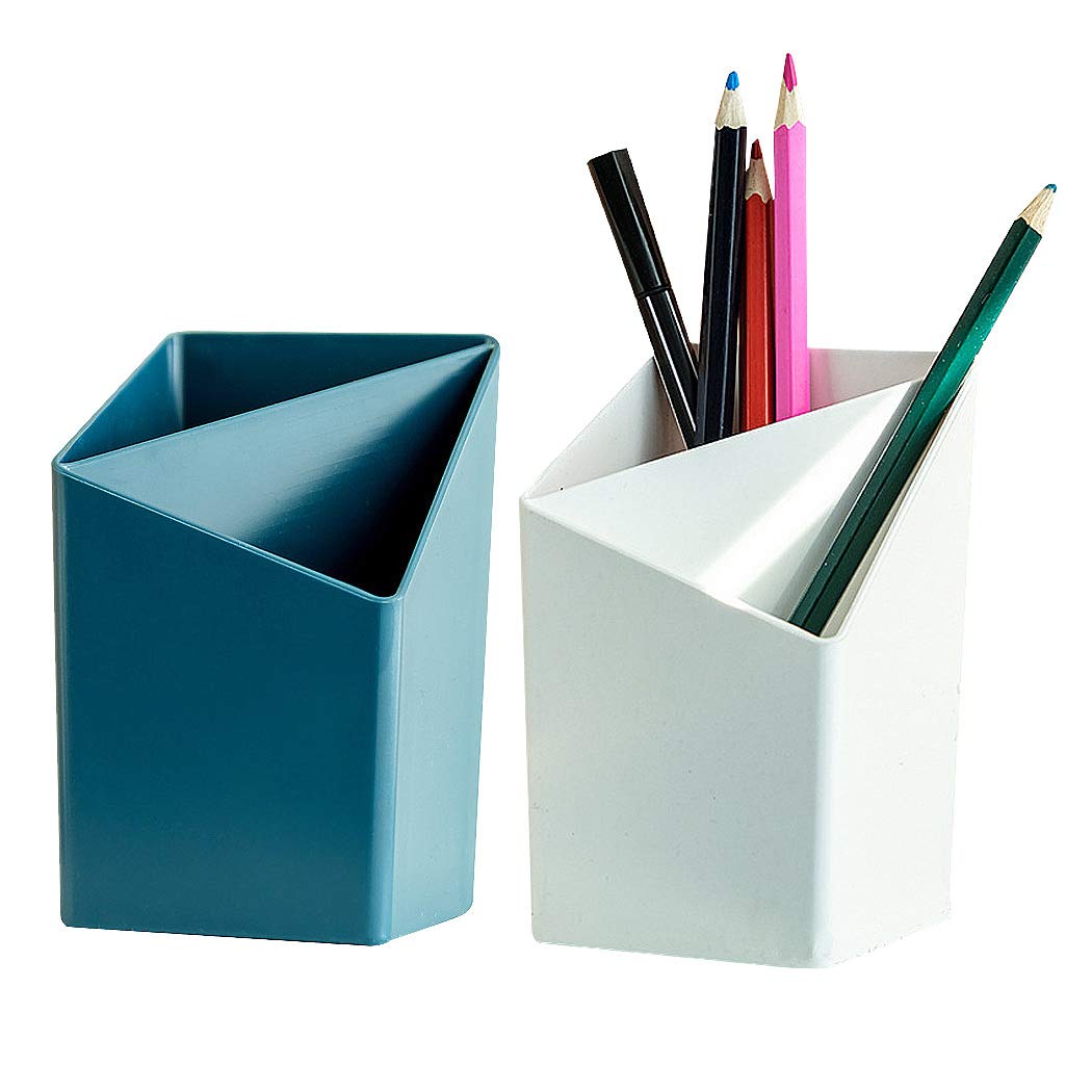 SIPLIV 2PCS Plastic Pencil Holder Pen Containers, Multifunctional 2 Compartments Storage Box Makeup Brush Holder Pen Cup Desk Organizer Office Supplies Organizer, Blue and White