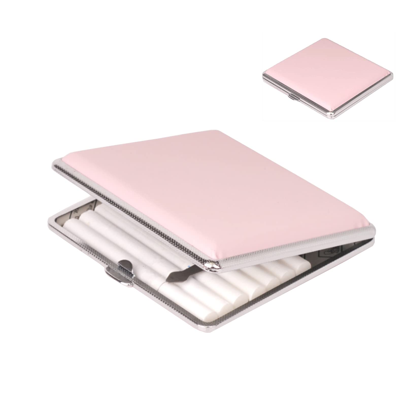 Yeemeen 1PCS Metal Frame Cigarette Case PU Leather Design Pocket Carrying Cigarette Box Holder for Women Ladies Super Slim Cigarette Pack for 20 Cigarette 84mm Pink