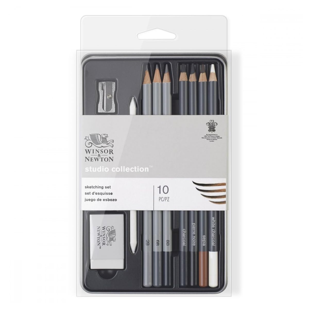 Winsor & Newton 490010 Studio Collection Sketching Pencils, Set of 10 Graphite (2B - 8B) and Charcoal Pencils with Tools, Professional Quality for Artists, for Sketching, Shading and Drawing
