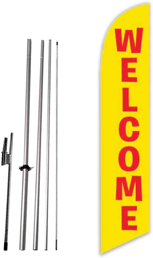 Welcome (Yellow/Red) Advertising Feather Flag Banner with Complete 15ft Pole kit and Ground Spike