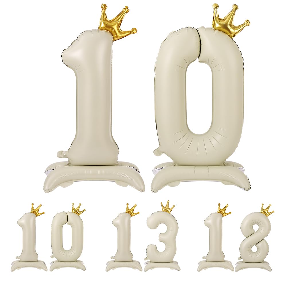 APXEL Off-white Standing Crown Number 10 Balloons, 42 Inch Large Foil Number 1 & 0 Balloons, Self Inflating 10th Birthday Balloon for 10 Year Anniversary Birthday Party Christmas Decorations — image 1