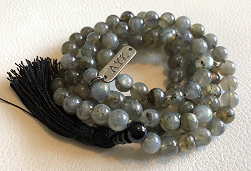 Labradorite Mala Beads 8mm High Grade Tassel mala Necklace | Fifth Chakra | Throat Chakra | Communication Self Expression Creativity in Writing Public Speaking | W/free velvet mala pouch | US Seller