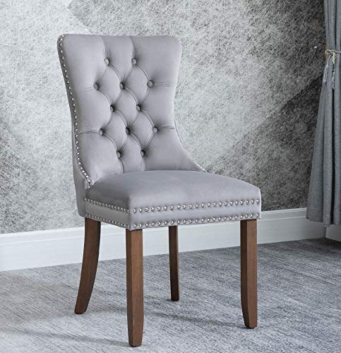 Rhomtree Velvet Fabric Dining Chairs Luxury Tufted Back with Nailed Trim and Back Ring Pull Home Kitchen Dining Room Chairs Armless Side Chairs Solid Rubber Wood Legs, Set of 2 (Grey)