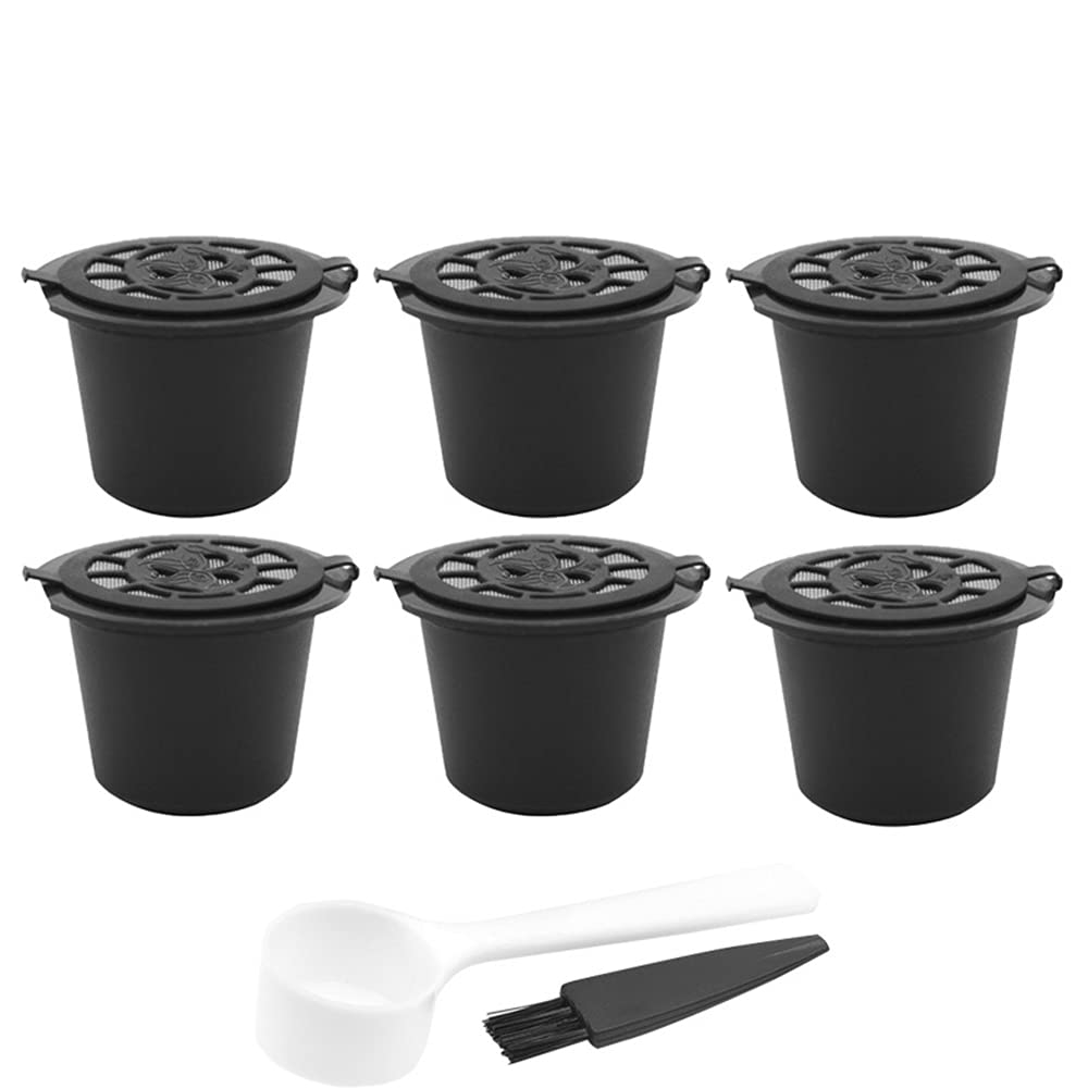 CENPEK Refillable Capsules pod for Compatible with Nes-presso ，6 Pack Reusable Coffee Capsules Pods for Nes-presso with Coffee Spoon with Brush for Nes-presso Machines Filter Black