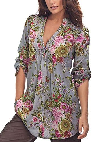 Women Casual Floral Print Tunic 3/4 Sleeve V-Neck Loose T Shirts Button Front Chiffon Blouse and Tops(Grey,XXX-Large)