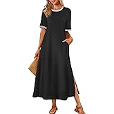 MEROKEETY Women's 2025 Summer Casual Maxi Dress Spring Beach Vacation Short Sleeve Crewneck Split Midi T Shirt Dresses
