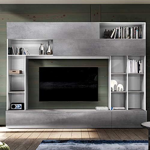 Noviomeble Pared De Tv De Diseno Gris Efecto Hormigon Y Blanco