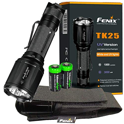 Fenix TK25 UV 1000 Lumens white/3000mW ultra violet (UV) Dual Beam LED Flashlight (TK25UV) with 2X EdisonBright CR123A lithium Batteries and holster bundle