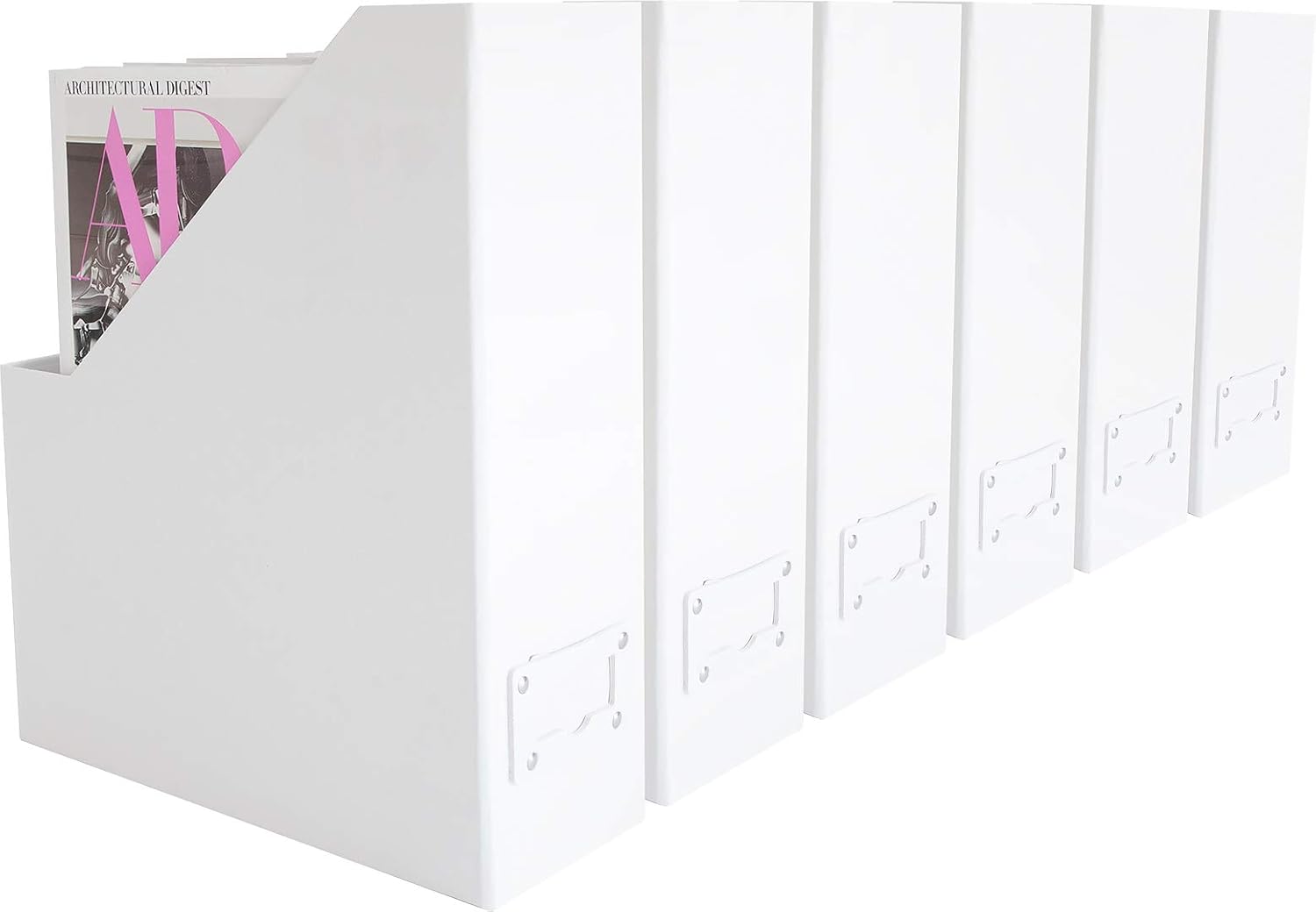 Blu Monaco Foldable White Magazine File Holder with Leather Label Holder – Set of 6 – Cardboard Magazine File Boxes Desk File Organizer