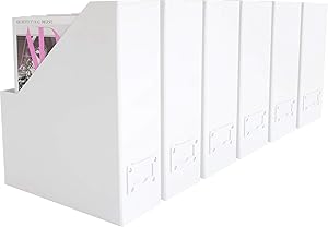 Blu Monaco Foldable White Magazine File Holder with Leather Label Holder – Set of 6 – Cardboard Magazine File Boxes Desk File Organizer