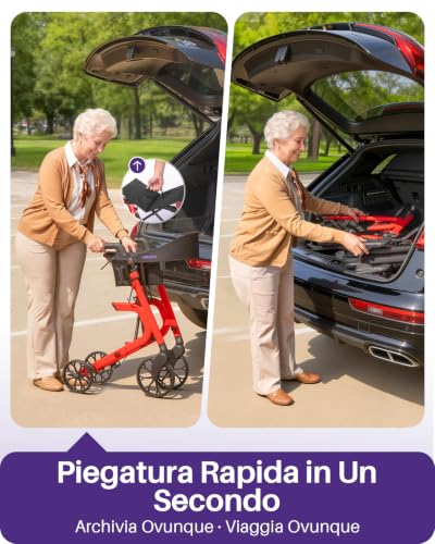 Kekoy Elderly Walker with 4 Wheels with Seat, Foldable, 399 lbs Load, Seat 44 cm Wide, Wheels 25 cm for All Terms, Height Adjustable, Brakes with Hidden Cables, Storage Bag, Red