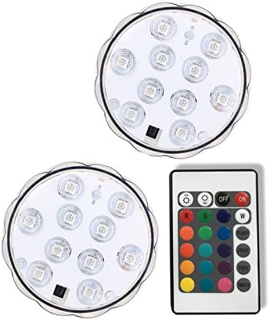 Aseun 2PC Submersible LED Lights 3AAA Battery 10LED Remote Controlled RGD Multi Color Fountains Light-Halloween Christmas Lights Aquarium Pond Party Wedding Vase Base Holiday Lighting
