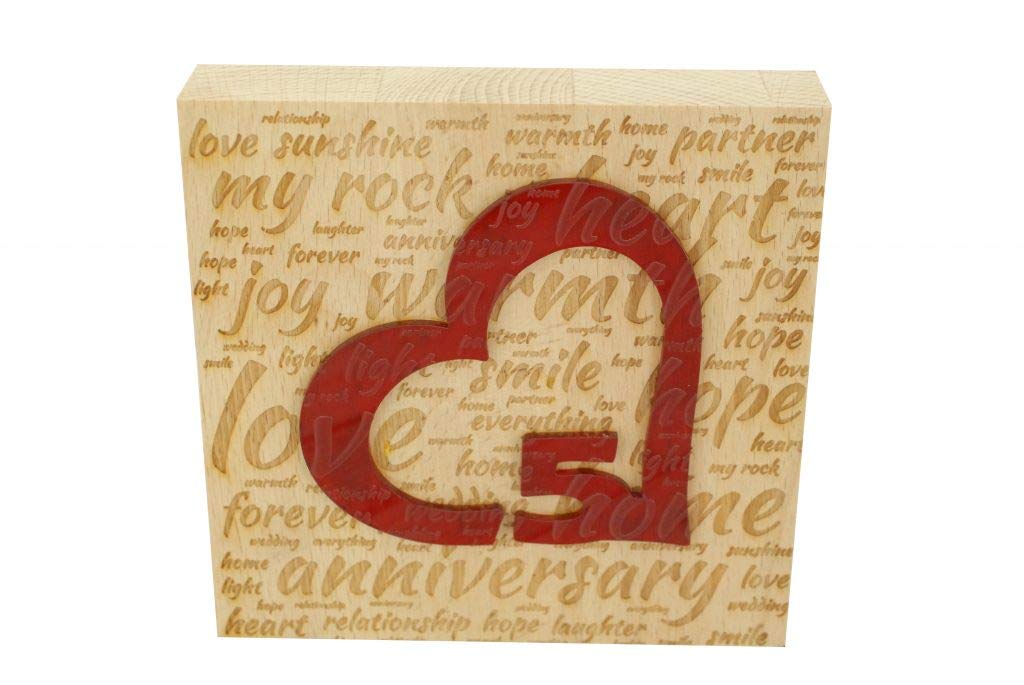 5th Wedding Anniversary Word Art Beech Block With 5 Year acrylicHeart - 5th Anniversary Ornament
