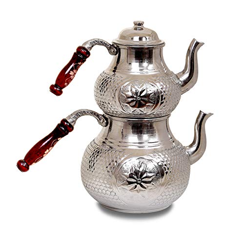 Handgefertigte Kupfer-Teekanne mit Ottomanen-Heizung, authentisches Wabenmuster, Samowar, Wasserkocher, silberfarben – Bild 6