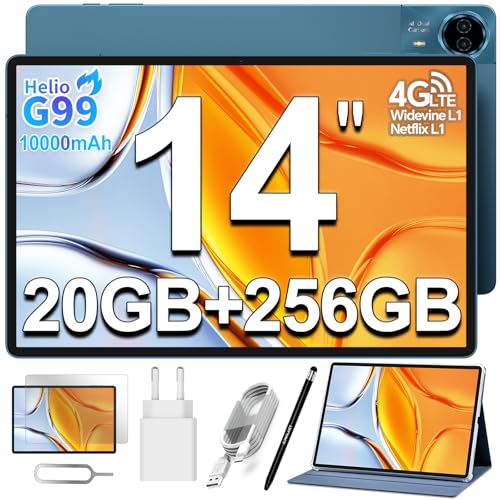 TECLAST T70 14 Inch Touchscreen Tablet Top Gaming Android Tablet, Helio G99 2.2GHz Octa-Core, 20GB RAM M+256GB (8TB TF), Dual SIM 4G LTE, 10000mAh/18W, Widevine L1/GPS/13MP, Tablet with Stylus + Case