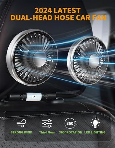 Loiisgy Car Fan for Backseat Dual Head Hose, USB Car Rear Seat Fan with 2 Independent Heads and Lights, 3 Speeds and 360 Degree Rotatable Cooling Car Fans