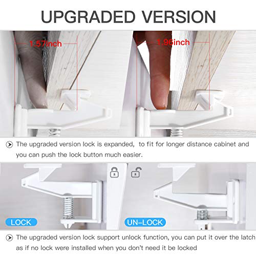 Child Safety Cabinet Locks Latches, Veidoo 10 Pack Baby Proofing Cabinets Drawer Lock with 3M Adhesive or Screws Optional & 2 Pack Door Lever Lock Child Proof (White)