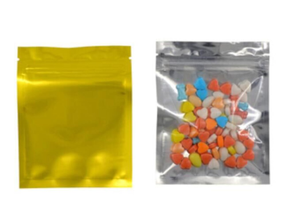 100 Pcs Reclosable 10.2x12.7cm/4x5inch Clear Colorful Mylar Foil Flat Ziplock Bag Sample Pouch Heat Sealable Aluminum Foil Bags Food Storage Coffee Candy Foil Grip Seal Wrap (Gold)