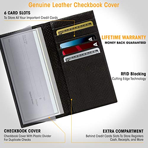 Genuine Leather Checkbook Cover For Women & Men - Checkbook Holder Check Book Covers For Duplicate Checks Card Wallet RFID