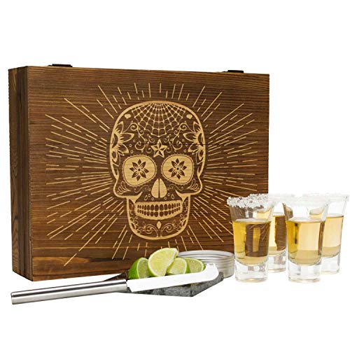 Atterstone Tequila Box Set Featuring 4 Premium Shot Glasses, Garnish Knife, Salt Tin with Lid, Candy Skull Themed Wooden Box and Coaster | Perfect for Mexican Themed Parties, Holiday Gifts