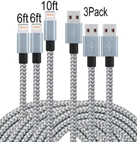 Frieso 2pcs 6ft 1pcs 10ft Nylon Braided 8pin to USB Charge and Sync Cable for iPhone 7/7 plus/SE/6/6s/6 plus/6s plus,5c/5s/5,iPad Air/Mini,iPod Nano/Touch(Gray and White).