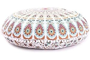 CRAFT KALA 32" in Round Mandala Floor Pillow Cushion Cover Seating Throw Cover Hippie Decorative Bohemian Ottoman Poufs Pillow Cover Cases Boho Cotton Living Yoga Home Décor Room (Mustard Mirchi)