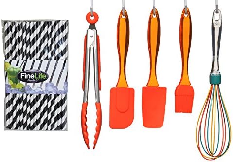 6 PIECE Silicone ORANGE Spatula Whisk Tongs Kitchen Cooking Tool Utensil Set with Black Striped Paper Straw Unique Fun Mother Day Gift Idea for Wife Mom Mother in Law (ColorA)