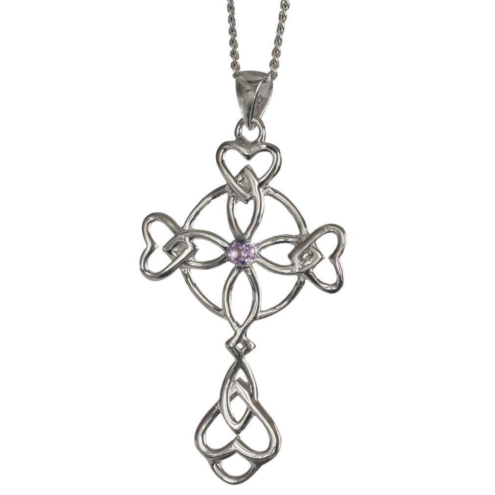 3155 Solid Silver Celtic Cross Necklace - Islay - Set With An Amethyst.