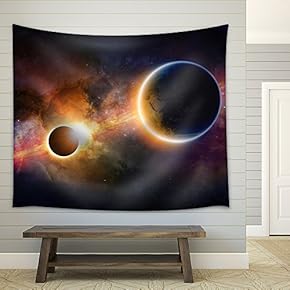 Abstract Scientific Background - Glowing Planet Earth in Space, Solar Eclipse, Nebula and Stars - Fabric Wall Tapestry Home Decor - 51x60 inches