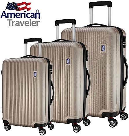 3 Piece Luggage Set by American Traveler - Lightweight, Anti-scratch - Glossy Striped Suitcase, Durable ABS material, 360 Spinner Wheels, and TSA Lock (Gold)