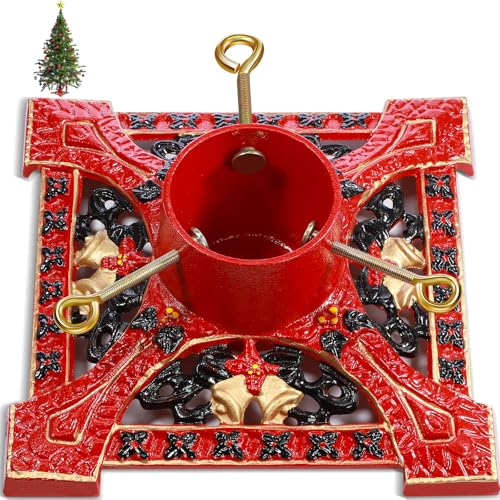 Cinnvoice Cast Iron Christmas Tree Stand for Real Live Trees, Red