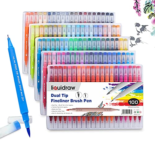 Liquidraw Dual Tip Brush Pens Fineliner Colouring Set Fineliners Coloured Watercolour Markers In Case For Adult Colouring Books, Sketching, Painting, Calligraphy, Drawing & Lettering (100)