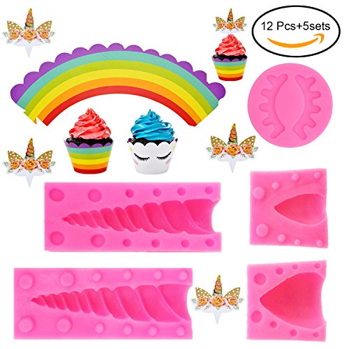Kabi 5PCS Unicorn Silicone Cake Toppers Mold Set for Baking Cake Decoration Making Sugar Craft Candy Chocolate,with Unicorn Cupcake Toppers & Wrappers Double Sided 12 Sets