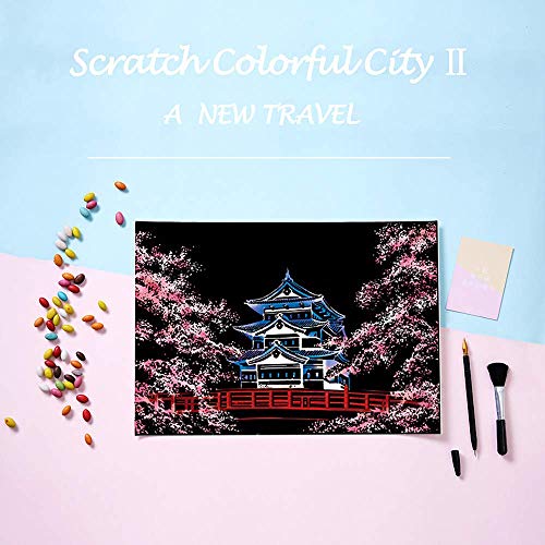 Scratch & Sketch Art Paper(A4) for Kids & Adults, Rainbow Painting Night View Scratchboard, Art&Craft, Engraving Art Set: 8 Sheets Scratch Cards & Scratch Drawing Pen, Clean Brush (8Pack) (A)