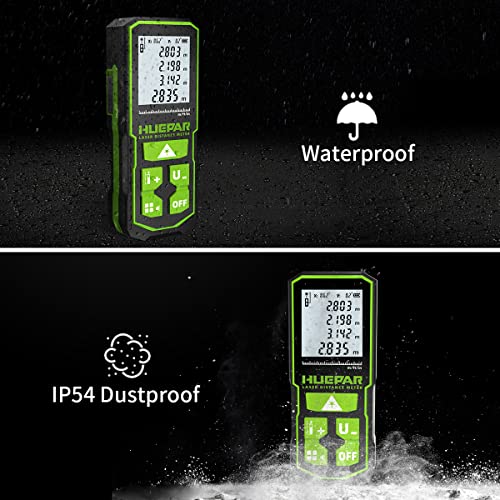 Huepar 120M Laser Distance Meter with Rechargeable Battery and Dual Angle Display, M/in/Ft Laser Meter with Mute Function and Multiple Measurement Modes, Pythagoras, Distance – S120