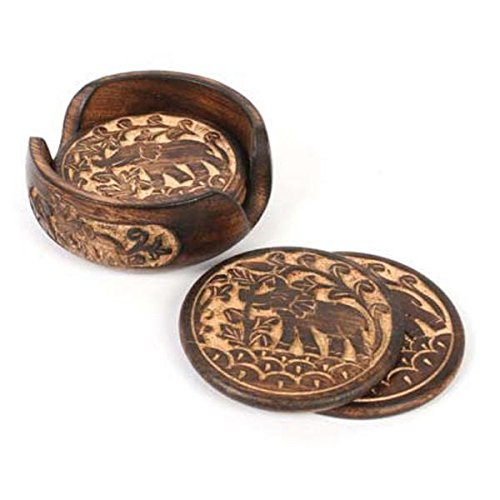 Purpledip Distress Finish Wooden Coaster Set 'Trumpeting Elephants' (10938) — image 1