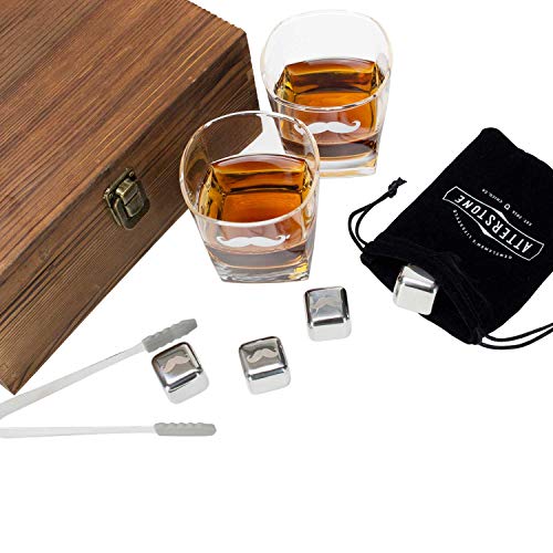 Atterstone Whiskey Glass Box Set Includes 2 Glasses, 8 Chilling Stones, Storage Bag, Silicone-Ended Tongs, and Wood Box with Etched interior, Gift Box Set