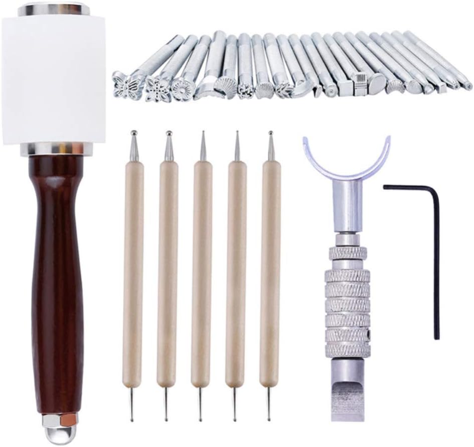 NAIZEA 27 pcs Leather Working Tools, Saddle Making Tools DIY Leather Craft Stamps Set Including Hammer Carving Knife Tracing Pen