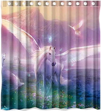 Custom Abstract Birds Colours Doves Fantasy Flowers and Horses in Magical Mountains Pegasus Snow Tree Unicorn Wings Waterproof Polyester Fabric Bathroom Shower Curtain Standard Size 66(w)x72(h)
