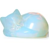 YATOJUZI 2" Opal Cat Decor Crystals Opalite Ornaments Cat Themed Gifts | Hand-Carved Moonstone Sleeping Cats Gemstone Cute Animal Figurines Home Office Desk Decor Stocking Stuffers for Women