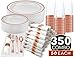 Prestee Rose Gold Disposable Dinnerware Sets - 350-Piece Plastic Dinner Set for 50 Guests, Includes Plastic Plates, Cups, Cutlery, for Weddings, Baby Showers, and Party Dining