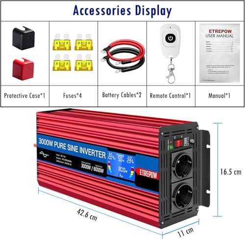 ETREPOW 3000W/6000W Inverter 24V 220V Pure Sine Wave Transformer with 2 EU Sockets and a USB, Wireless Remote Control and LCD Display, Suitable for Solar Systems, Caravans, Trucks, Camping