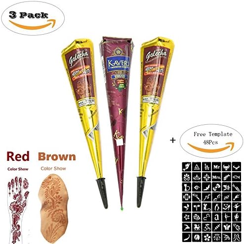 3Pcs India Temporary Tattoo Henna Cone Tattoos Kit Temporary Paste Brown Red Cones for Body Art Drawing Painting with 48 Pcs Free Henna Stencil Set